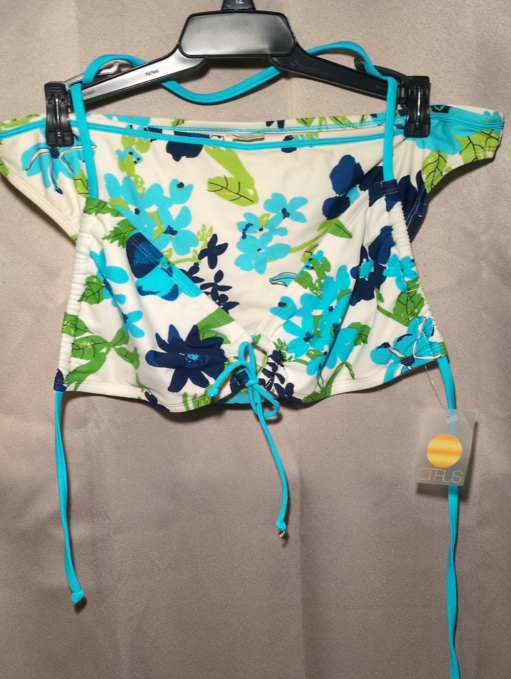 Citrus Branded Tropical Bikini Top in Turquoise & White